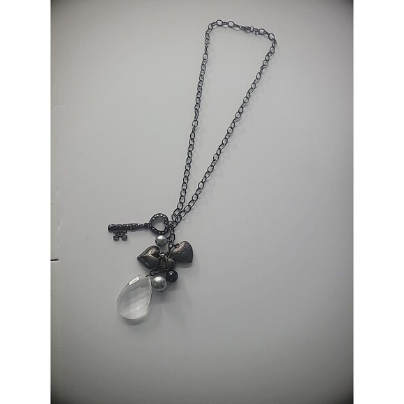Vintage Necklace Chain Charm Pendants Clear Key Heart Beaded Cluster Jewelry - Picture 7 of 10